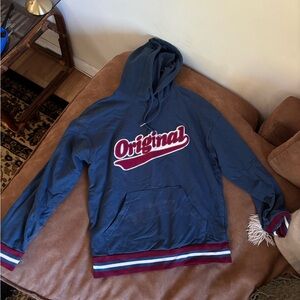 Original Use Navy Hoodie with Burgundy Script Logo